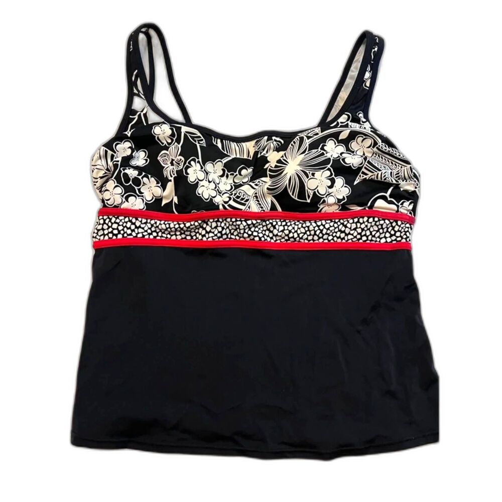 SWIM- Caribbean Joe Women's Floral Tankini Swim Top Black/White Size L (12-14)